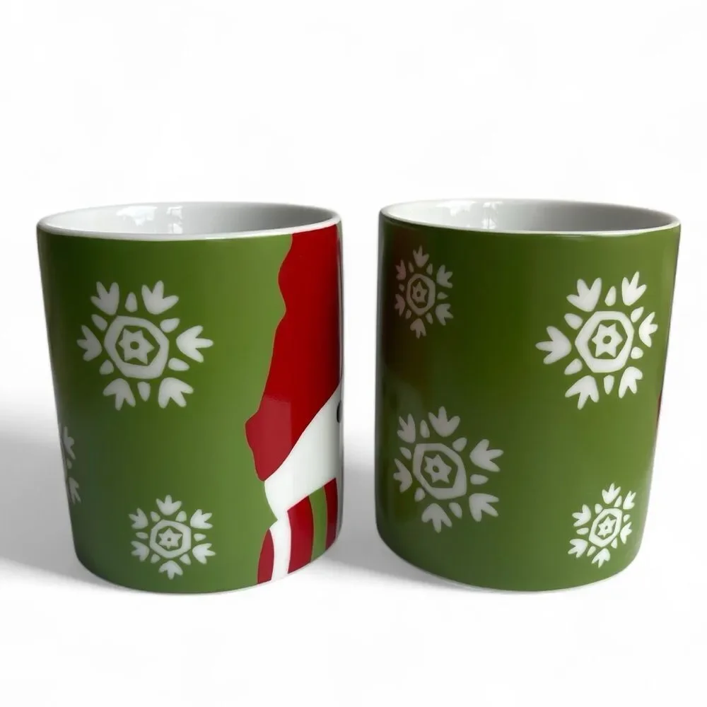 Crate&Barrel Green Snowman Snowflake Hot Cocoa Coffee Mug Set
